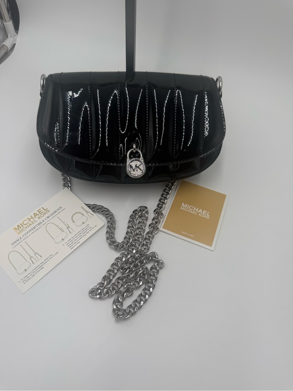 Michael Kors Black Patent Quilted Crossbody Bag with Silver Chain NWT - Picture 3 of 15